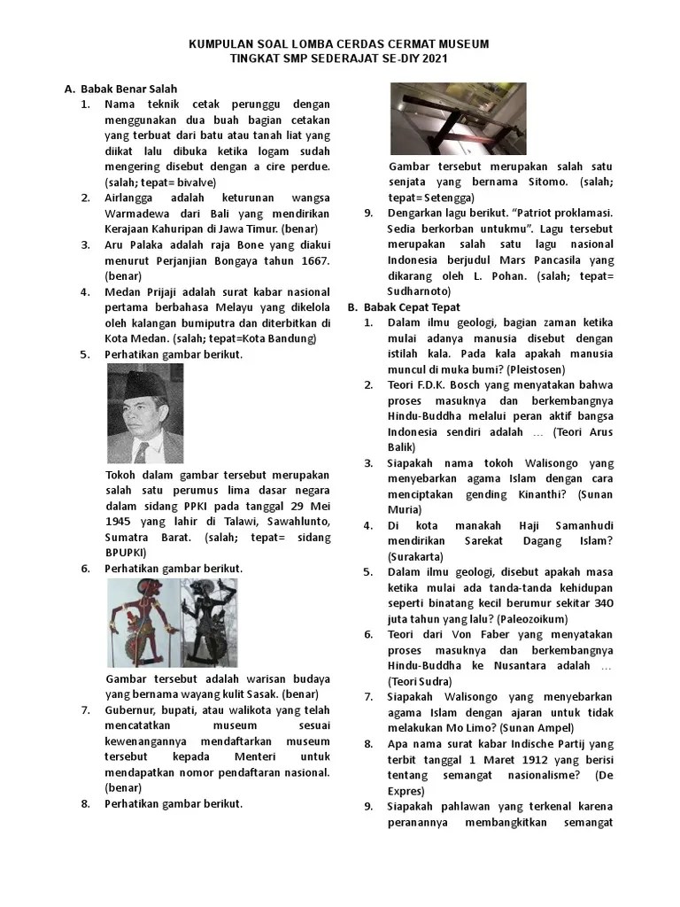 Kumpulan Soal Lomba Cerdas Cermat Museum Tingkat Provinsi DIY 2021 | PDF