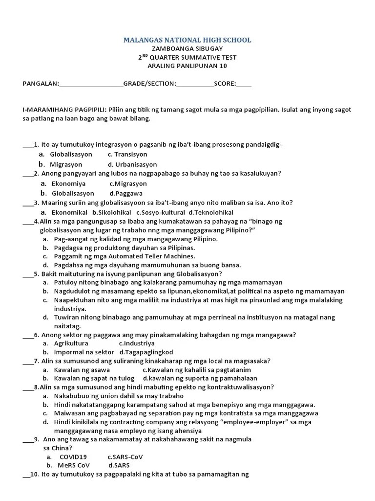 Quarter-2summative Test (Ap10) | PDF