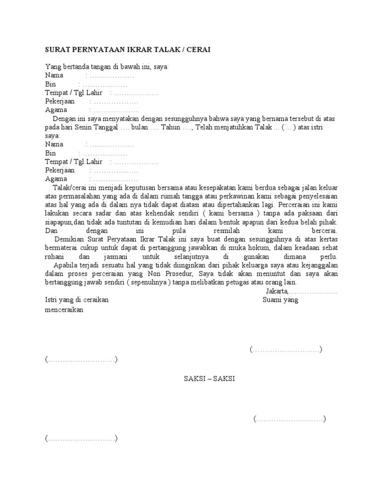 Surat pernyataan bebas miras dan napza. Surat Pernyataan Ikrar Talak