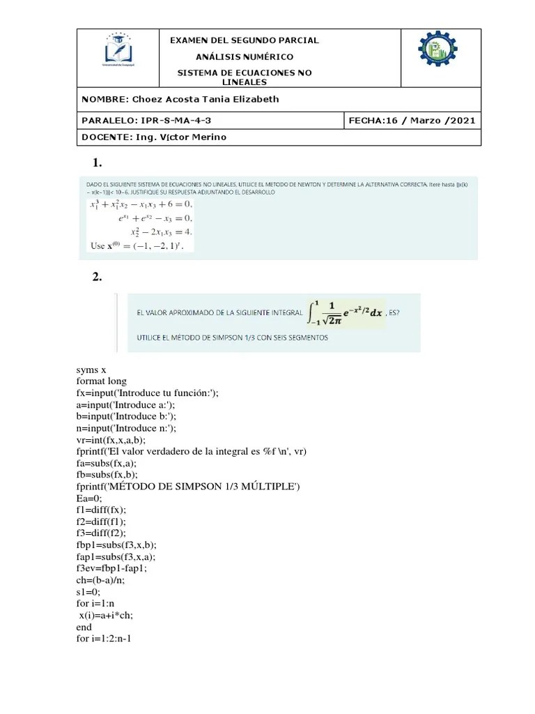 Análisis Numérico - Examen 2do Parcial | PDF | Objetos Matemáticos ...