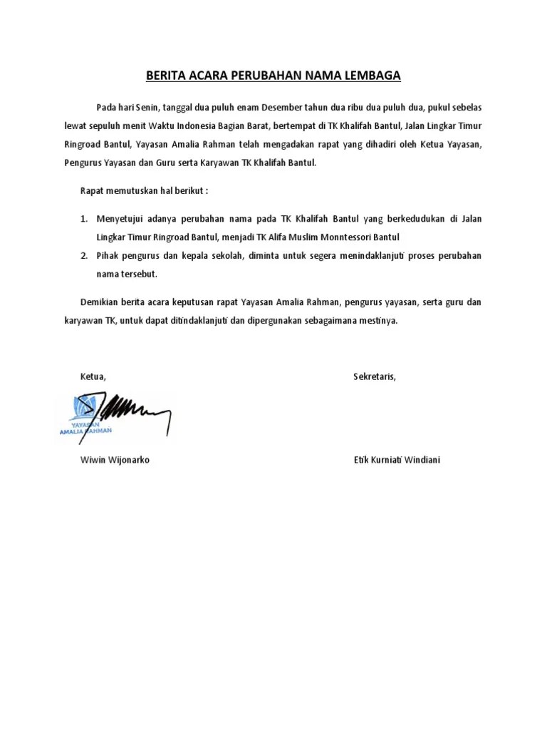 Berita Acara Perubahan Nama Lembaga | PDF