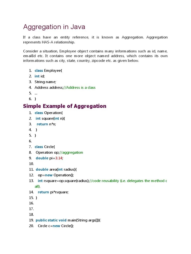 Aggregation In Java With Examples | PDF | Class (Computer Programming ...