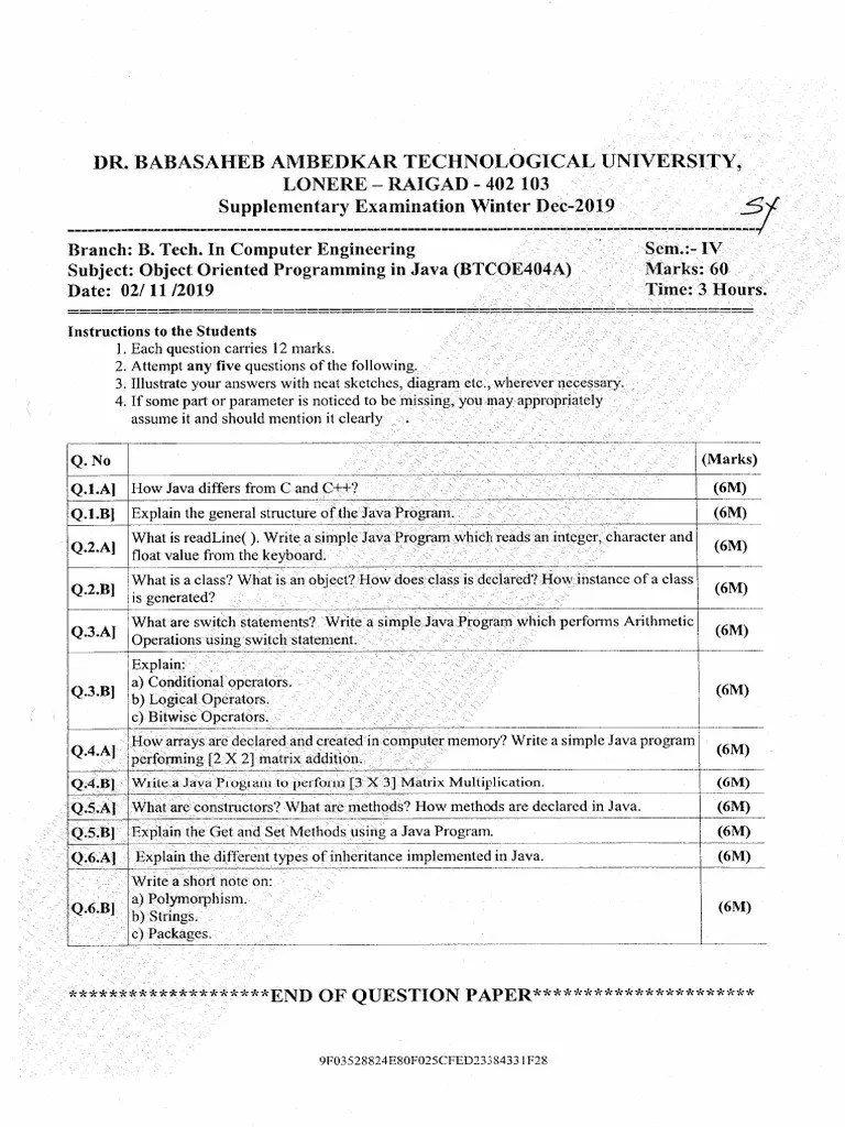 Btech Cs 4 Sem Object Oriented Programming In Java Btcoe404a Dec 2019 | PDF