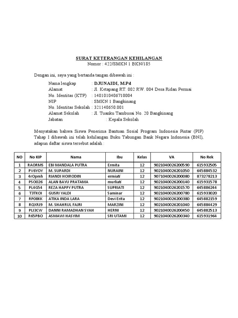 Surat Keterangan Kehilangan | PDF