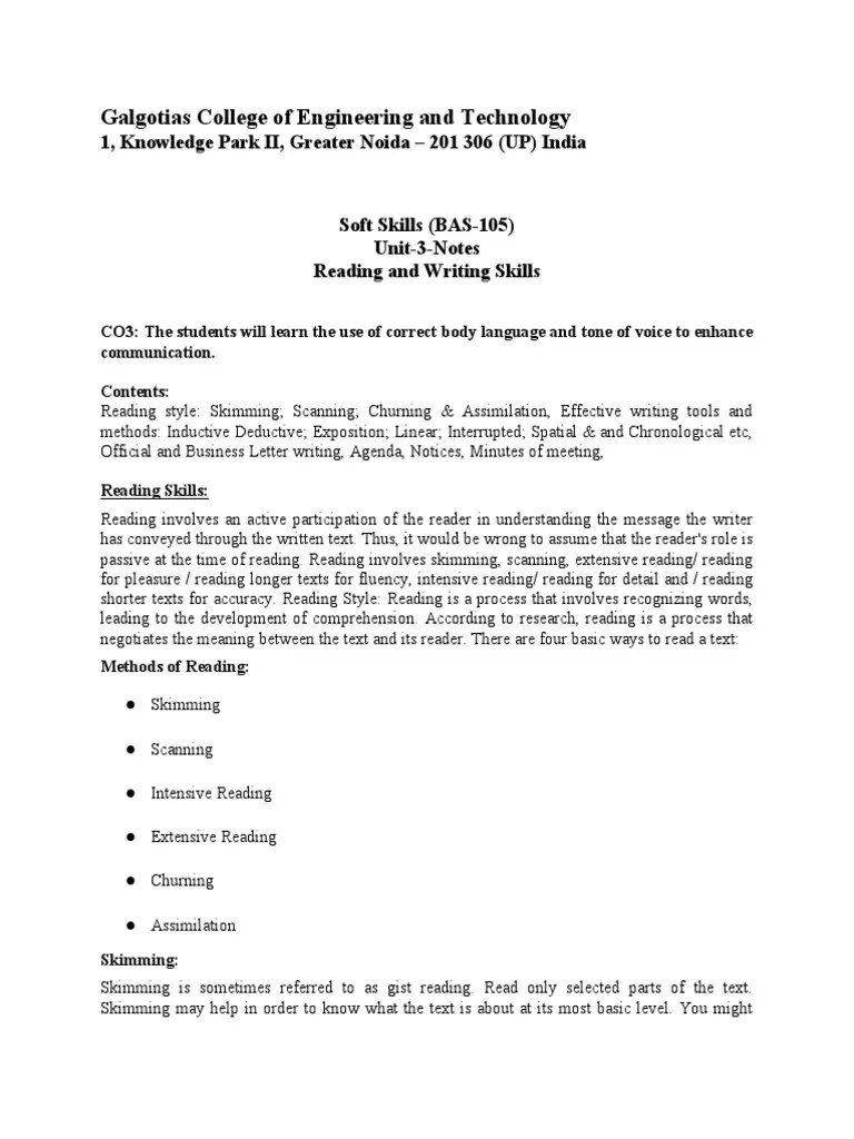Soft Skills - Notes - Unit - 3 | PDF | Speed Reading | Reading ...