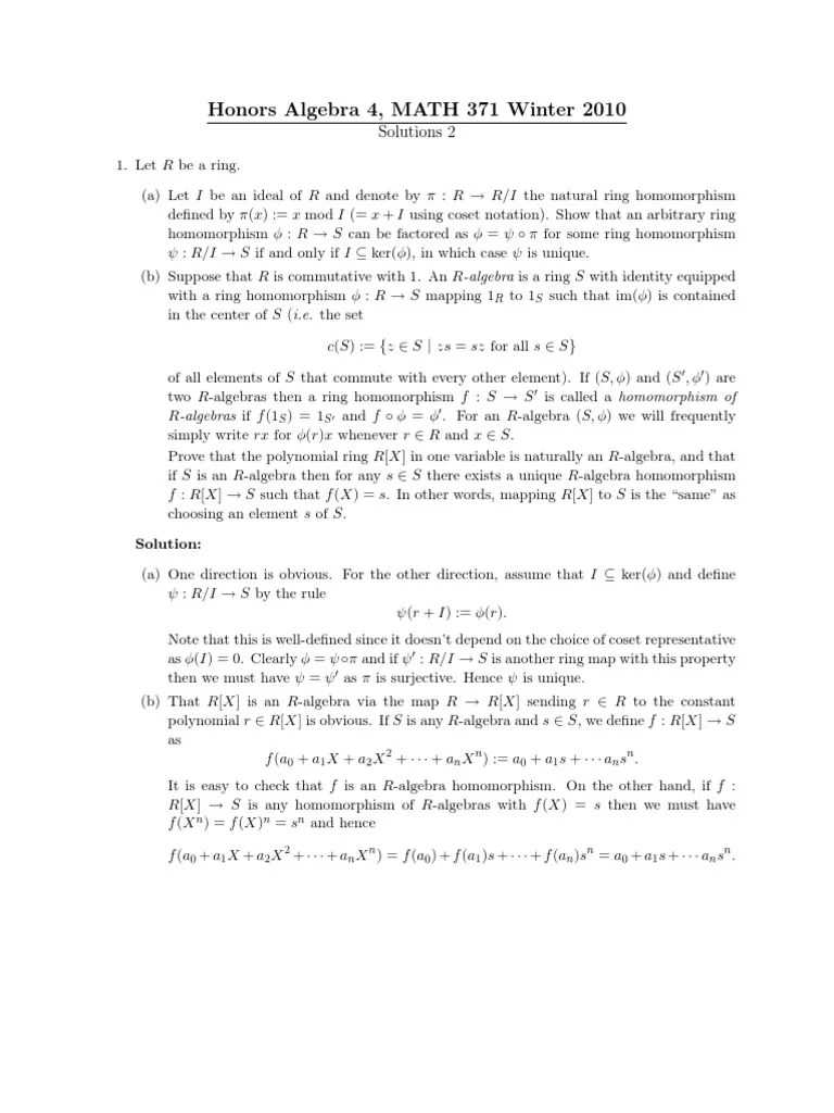 Solutions To Honors Algebra Problems On Ring Theory And Ideals | PDF | Ring (Mathematics ...