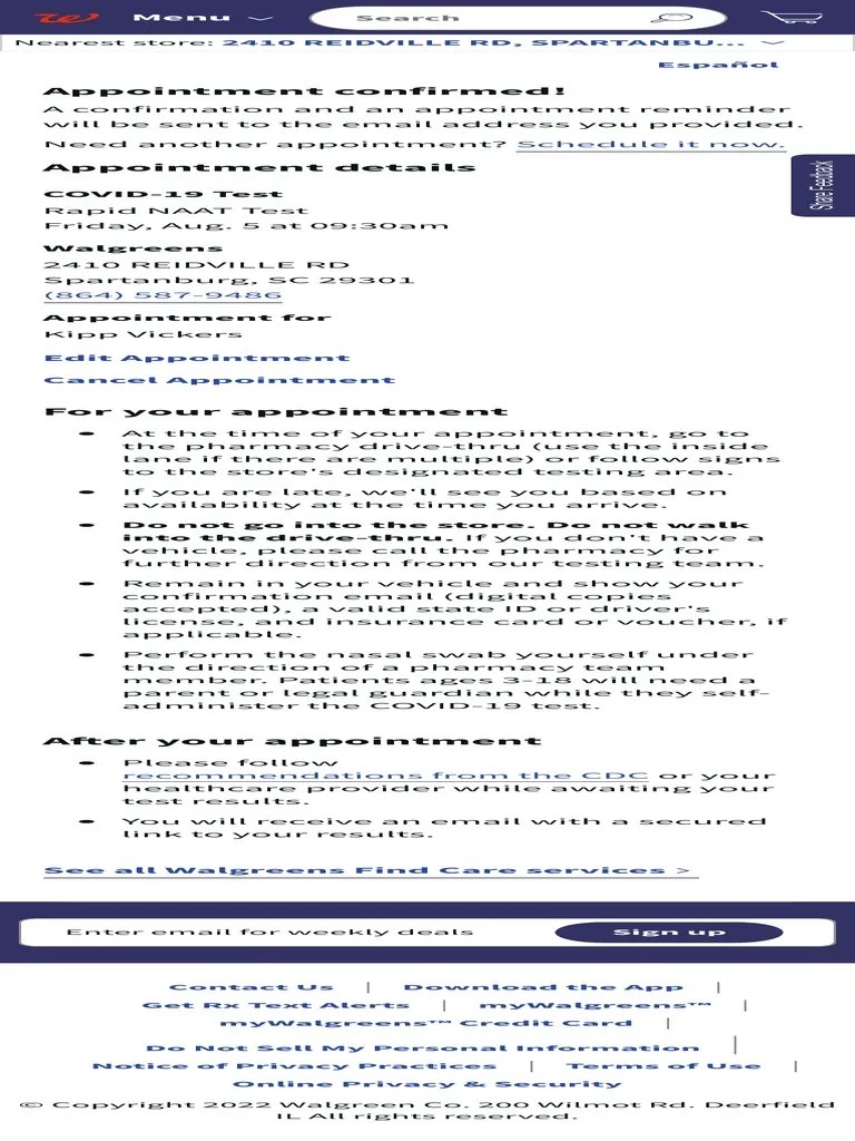 COVID-19 Testing Confirm Appointment Walgreens | PDF