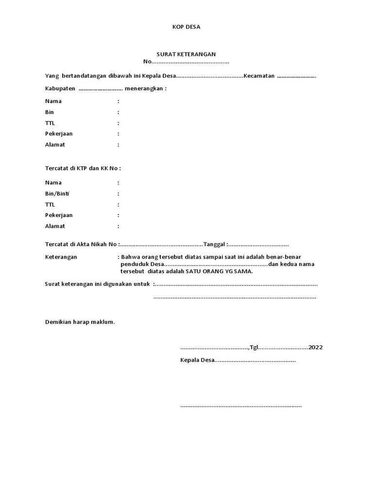 Surat Keterangan Beda Nama Dari Desa 1 | PDF