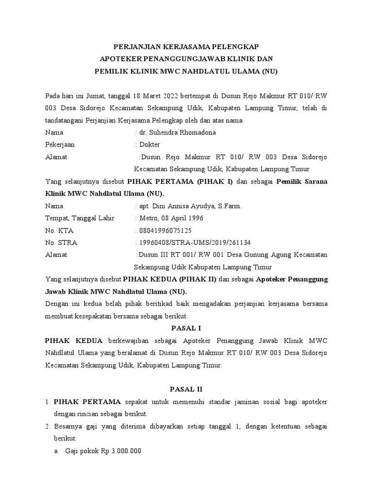 Perjanjian Kerjasama Apoteker Penanggung Jawab Klinik | PDF