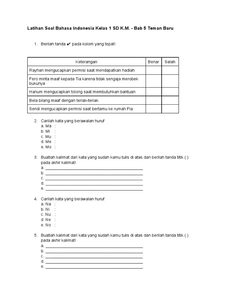 Latihan Soal Bahasa Indonesia Kelas 1 SD Kurikulum Merdeka | PDF