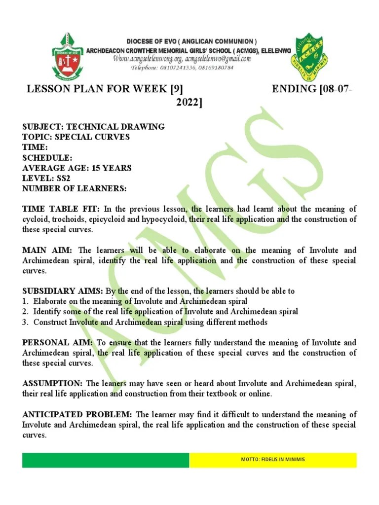 Ss2 Technical Drawing Lesson Plan Week 3 | PDF | Gear | Circle