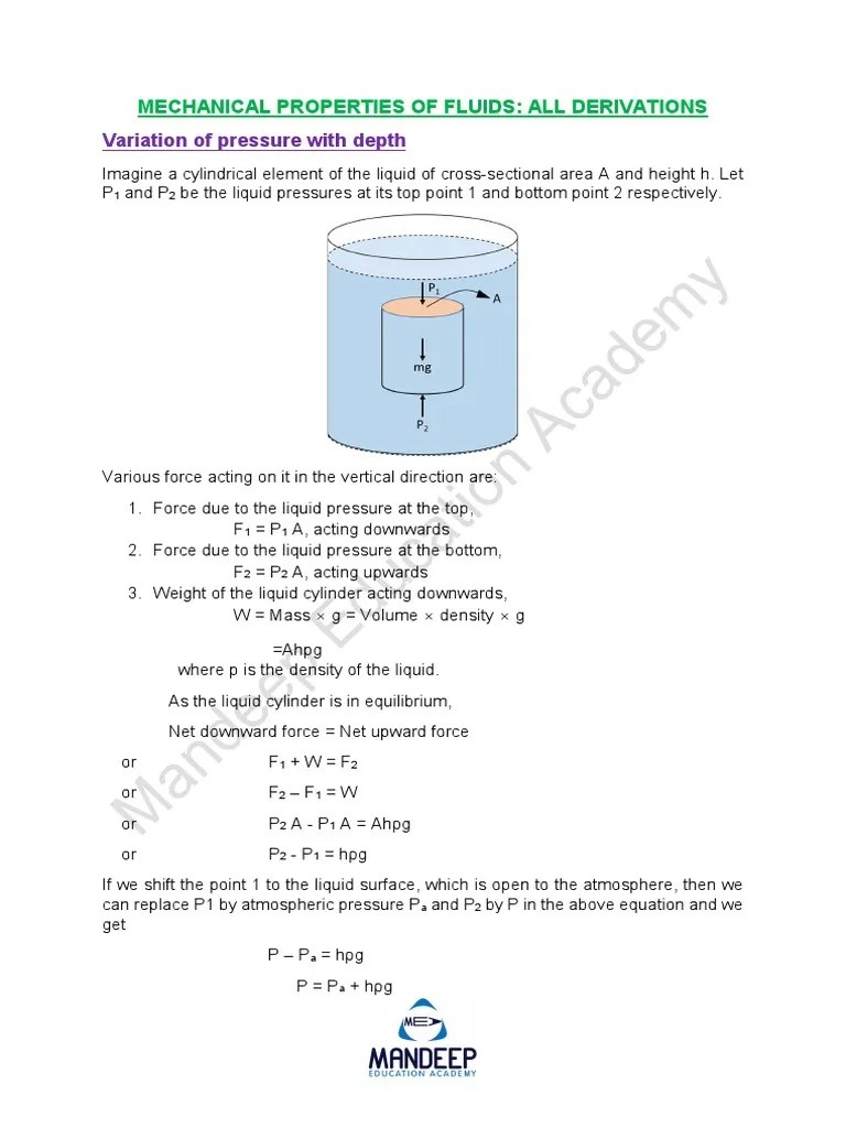 Mechanical Properties Of Fluids All Dervations | PDF | Pressure | Fluid Dynamics