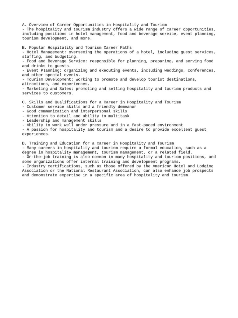 VII. Career Opportunities In Hospitality And Tourism | PDF
