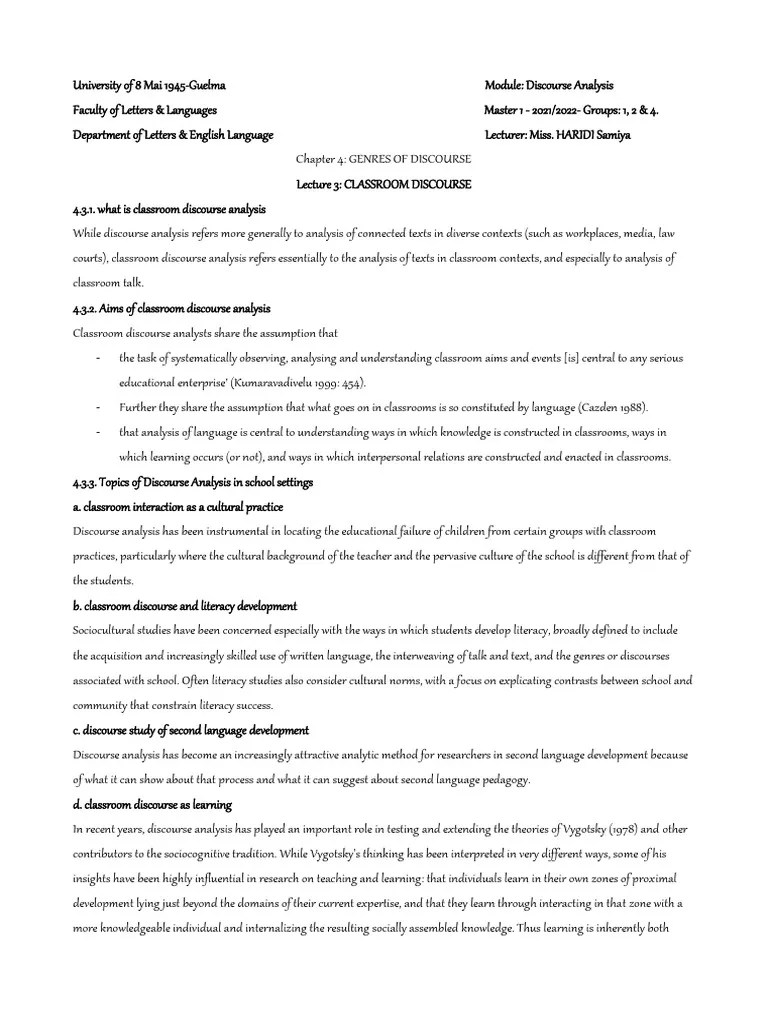 CHAPTER 4-GENRES OF DISCOURSE-Lecture 3. CLASSROOM DISCOURSE | PDF ...