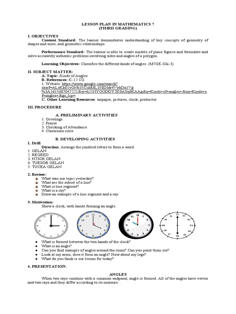 LESSON PLAN IN MATHEMATICS 7 Final - 1 - 1 | Download Free PDF | Angle ...