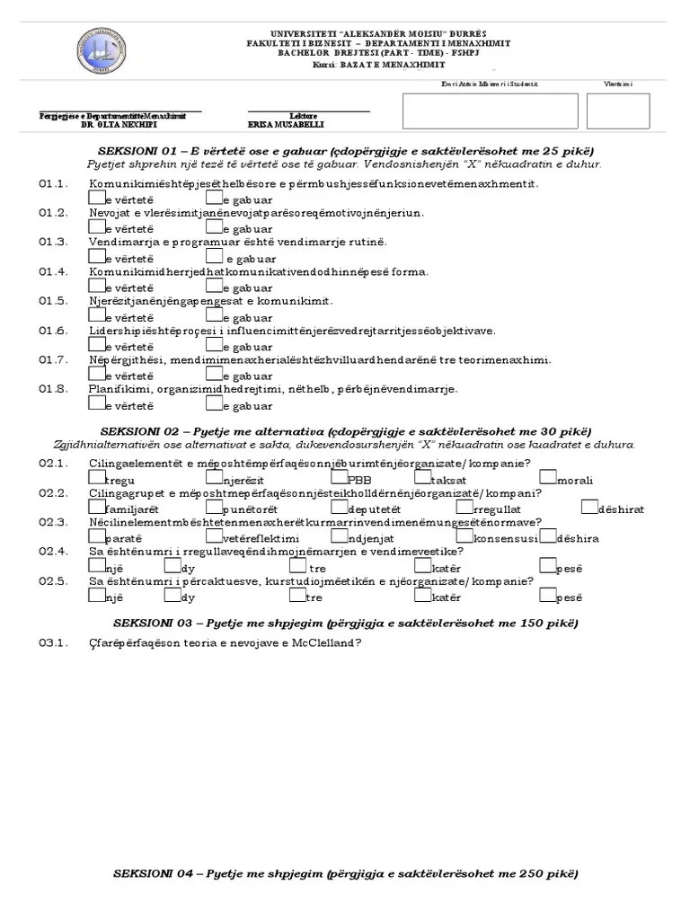 BAZAT E MENAXHIMIT - Provimi Lendor - Seksioni 1 Teza A (1038) | PDF