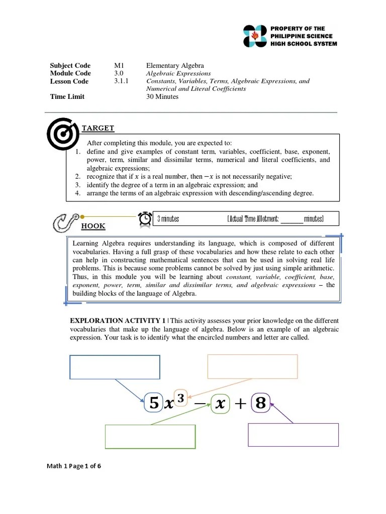 Constants, Variables, Terms, Algebraic Expressions, And Numerical And Literal Coefficients | PDF ...