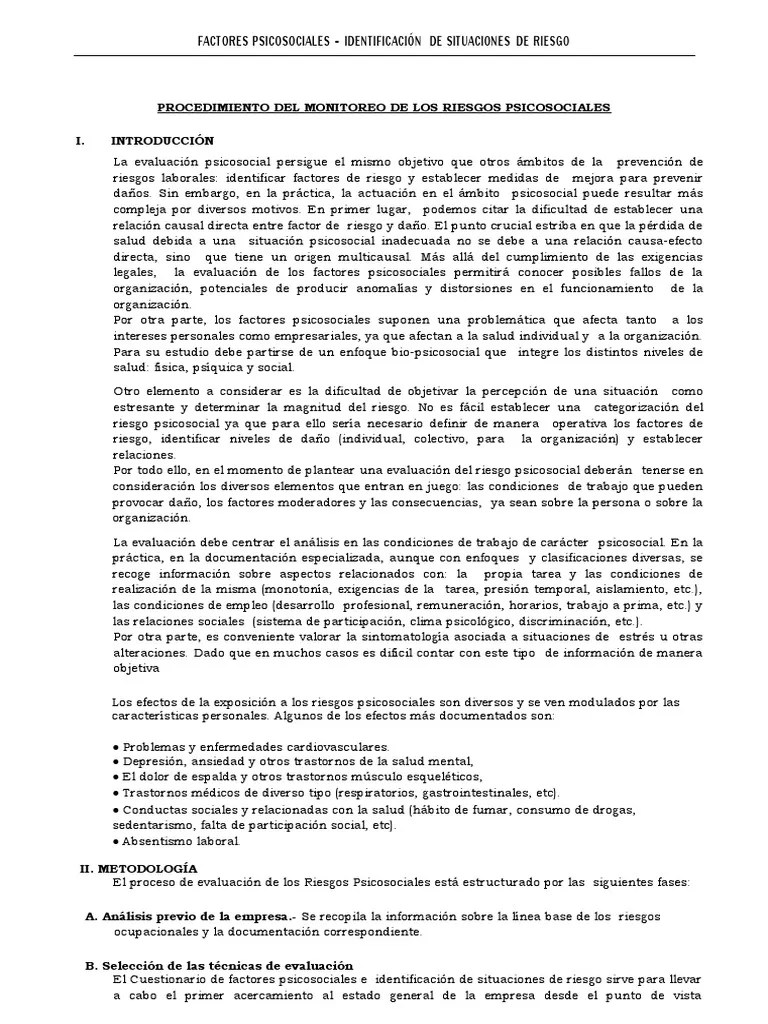 Procedimiento De Evaluacion De Riesgos Psicosocial | PDF | Riesgo | Cuestionario