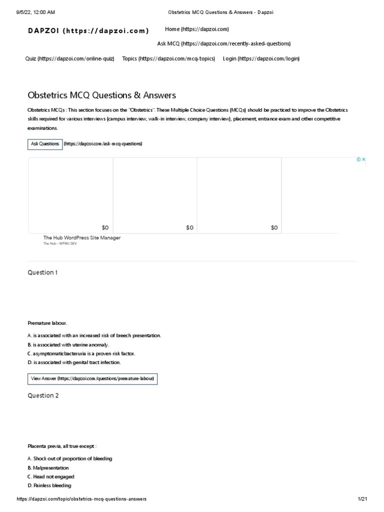 Obstetrics MCQ Questions & Answers - Dapzoi | PDF | Childbirth | Pregnancy