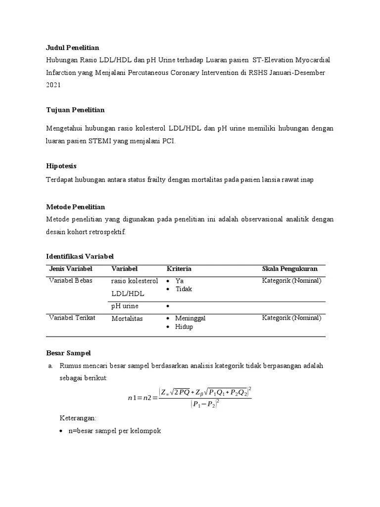 Besar Sampel Dan Rancangan Analisis Penelitian Rasio LDL/HDL Terhadap ...