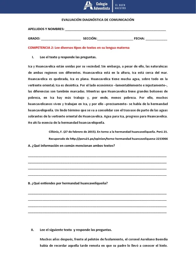 Evaluación Diagnóstica De Comunicación 3.°, 4.° Y 5.° | PDF