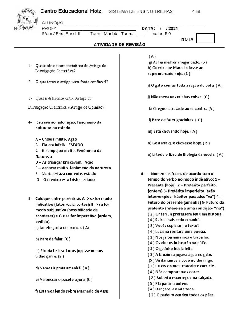 6° Ano Revisão Port 4° Bim Gab | PDF