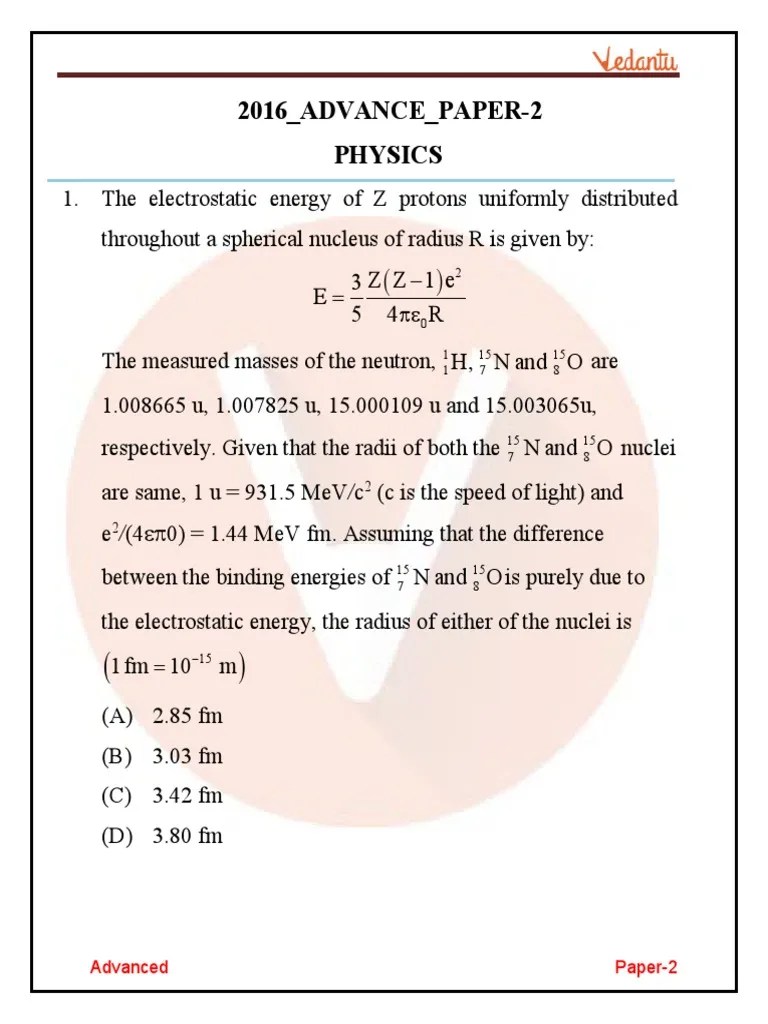 JEE Advanced 2016 Physics Question Paper-2 | PDF | Atomic Nucleus ...