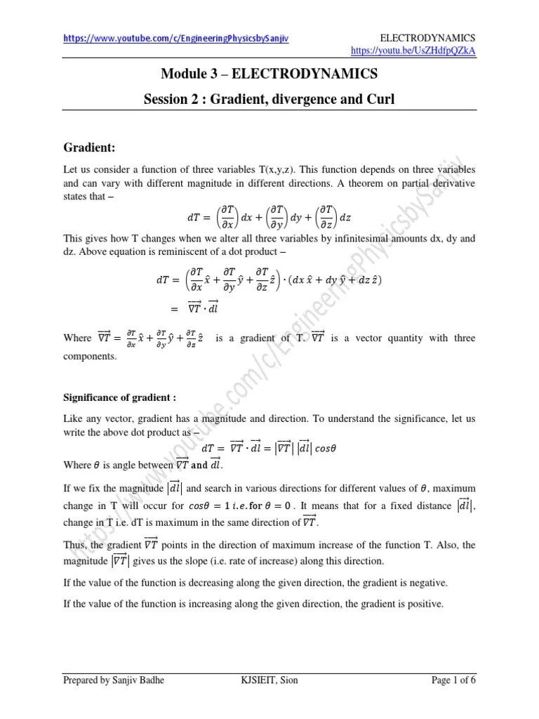Electrodynamics (Gradient, Divergence And Curl) | PDF