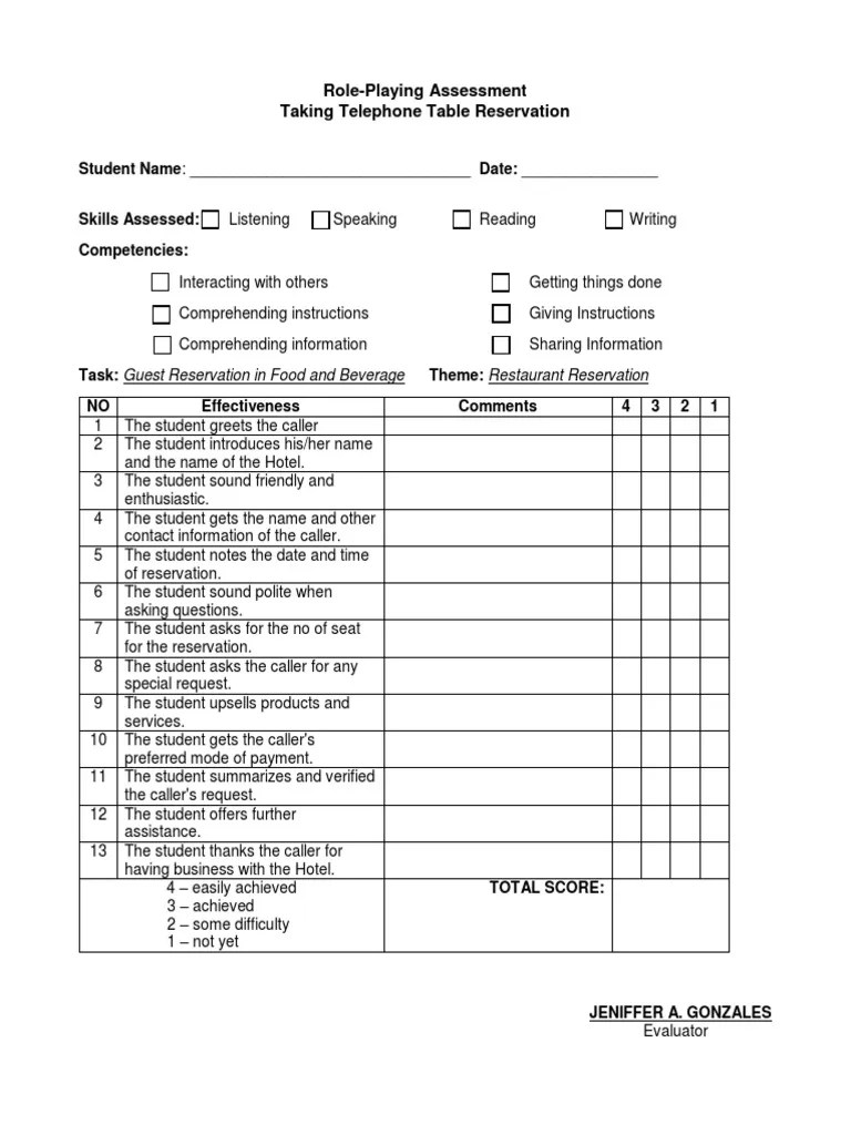 Rubrics For Telephone Reservation | PDF