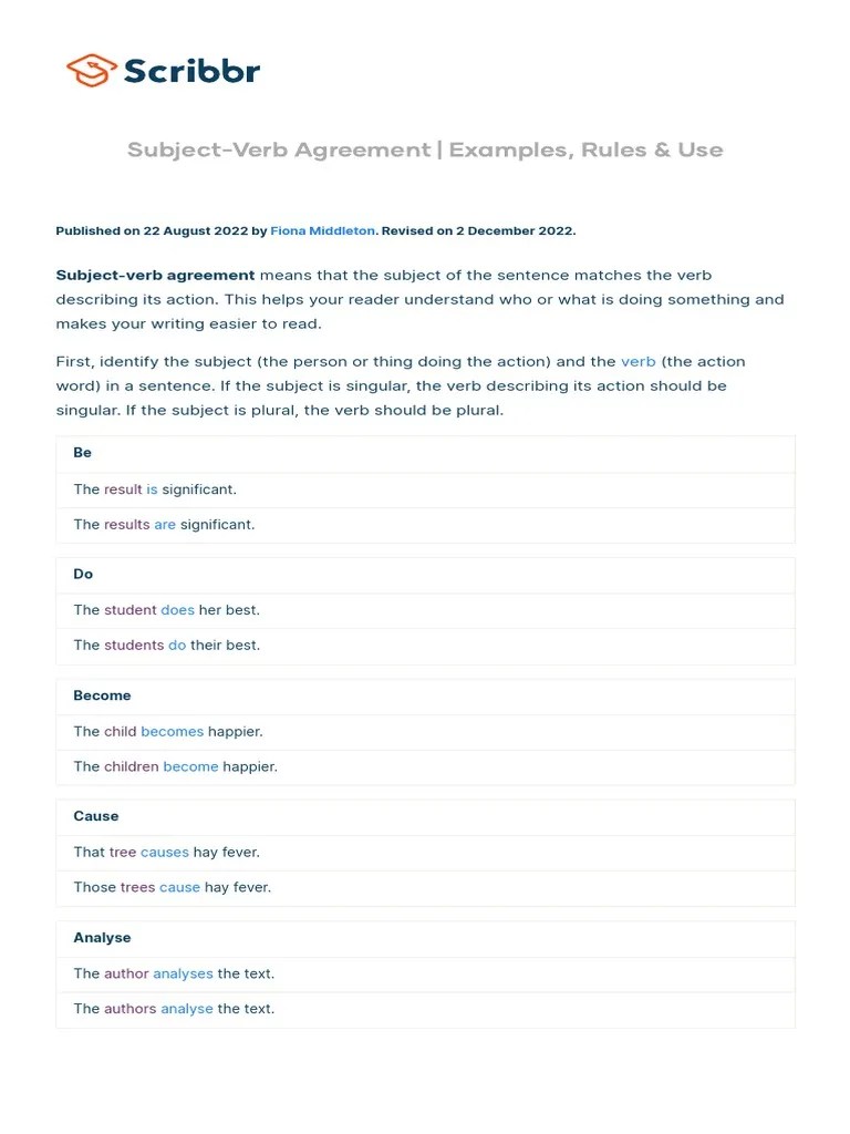 Subject Verb Agreement Examples Rules Use Pdf Grammatical