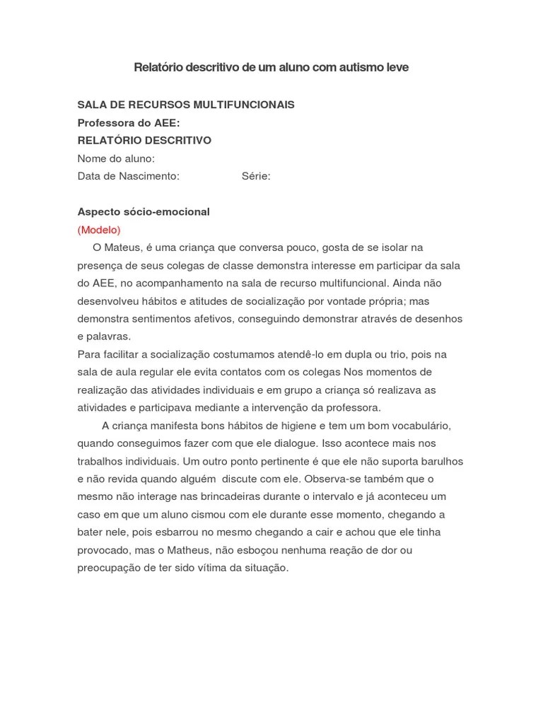 Relatório Descritivo Aluno Com Autismo Leve | PDF | Família | Aprendizado