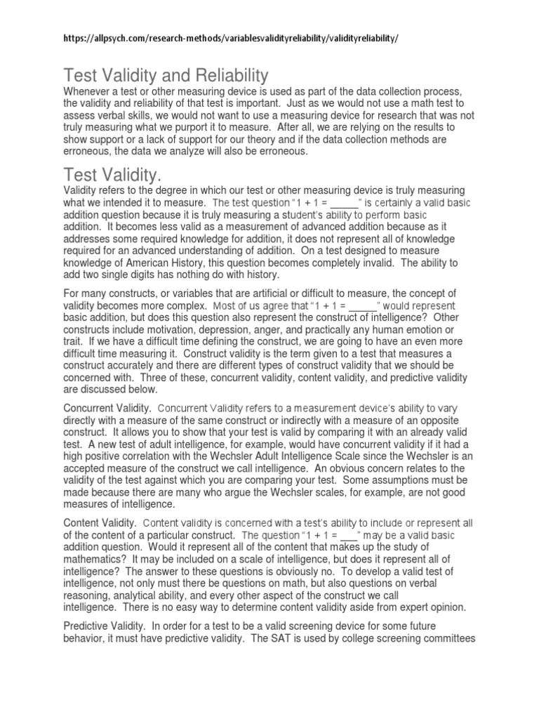 Test Validity And Reliability | PDF | Validity (Statistics) | Sat