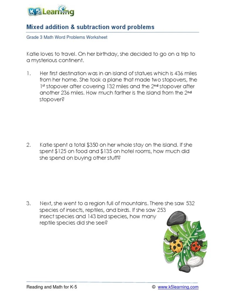 Grade 3 Mixed Addition Subtraction Word Problems A5 | PDF