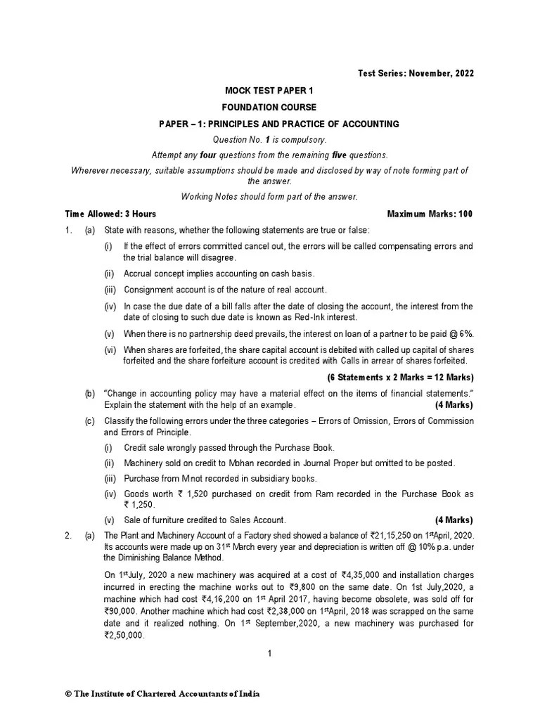 ICAI MOCK TEST CA FOUNDATION DECEMBER 2022 Paper 1 Principles And | PDF | Debits And Credits ...