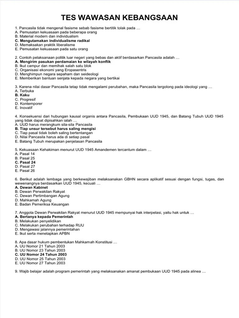 Kumpulan Soal Tes Wawasan Kebangsaan | PDF