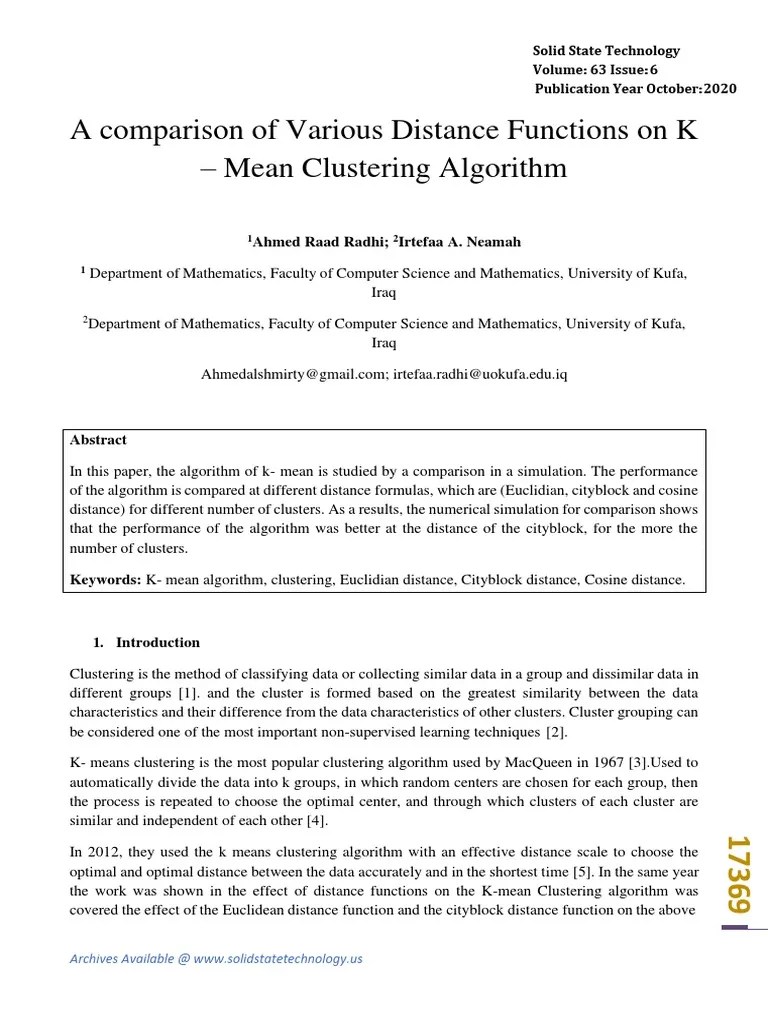 18 A Comparison Of Various Distance Functions On K - Mean Clustering ...