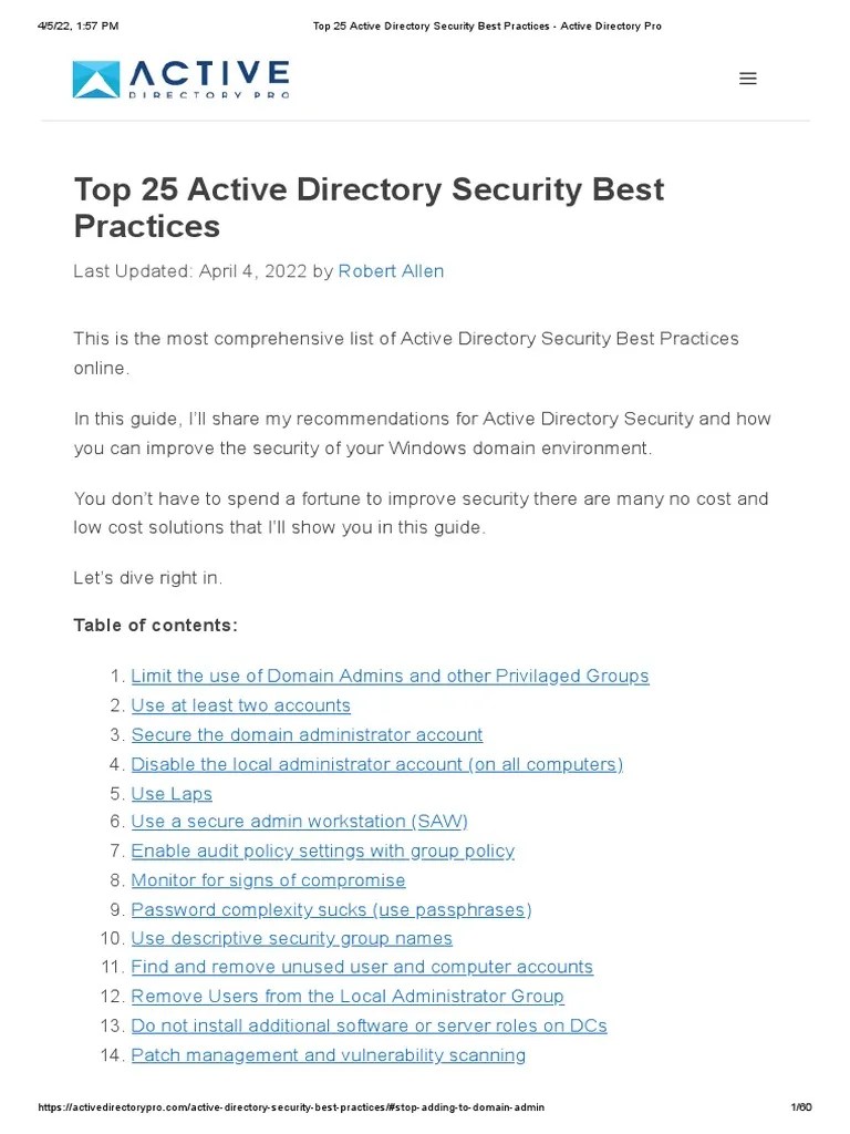 Top 25 Active Directory Security Best Practices - Active Directory Pro ...