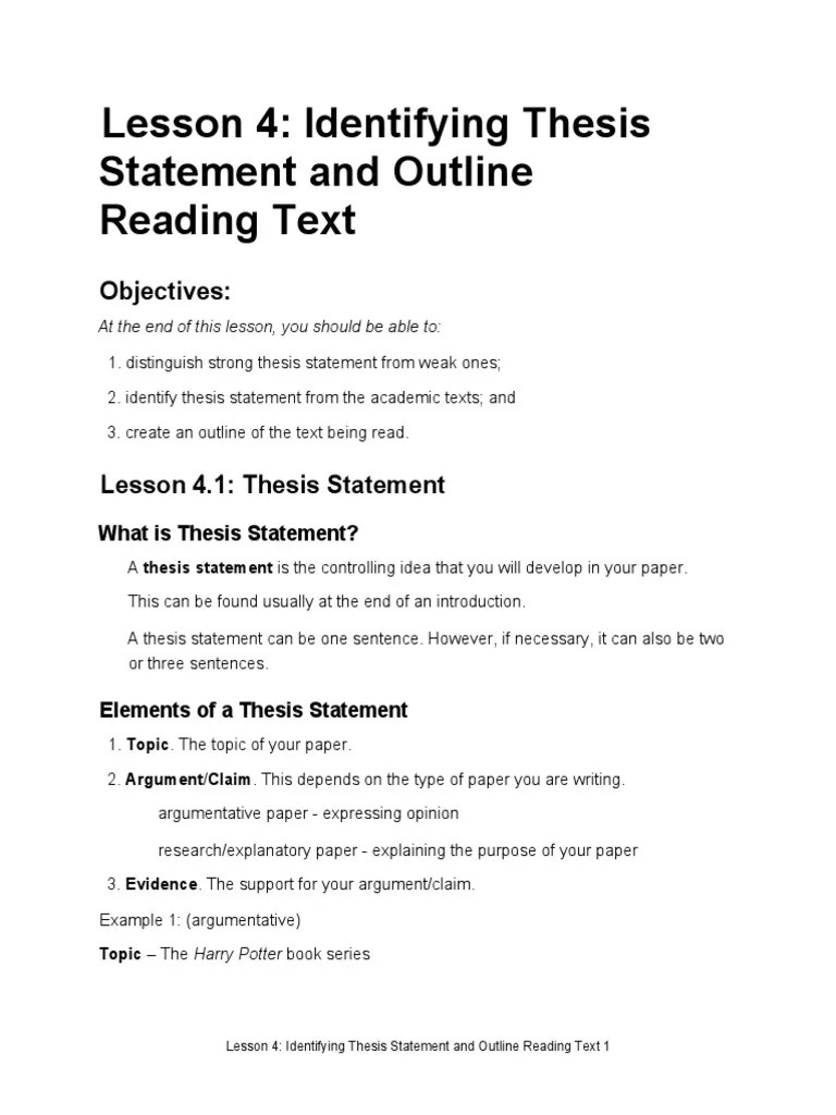 Lesson 4 - Identifying Thesis Statement And Outline Reading Text | PDF | Cognitive Science