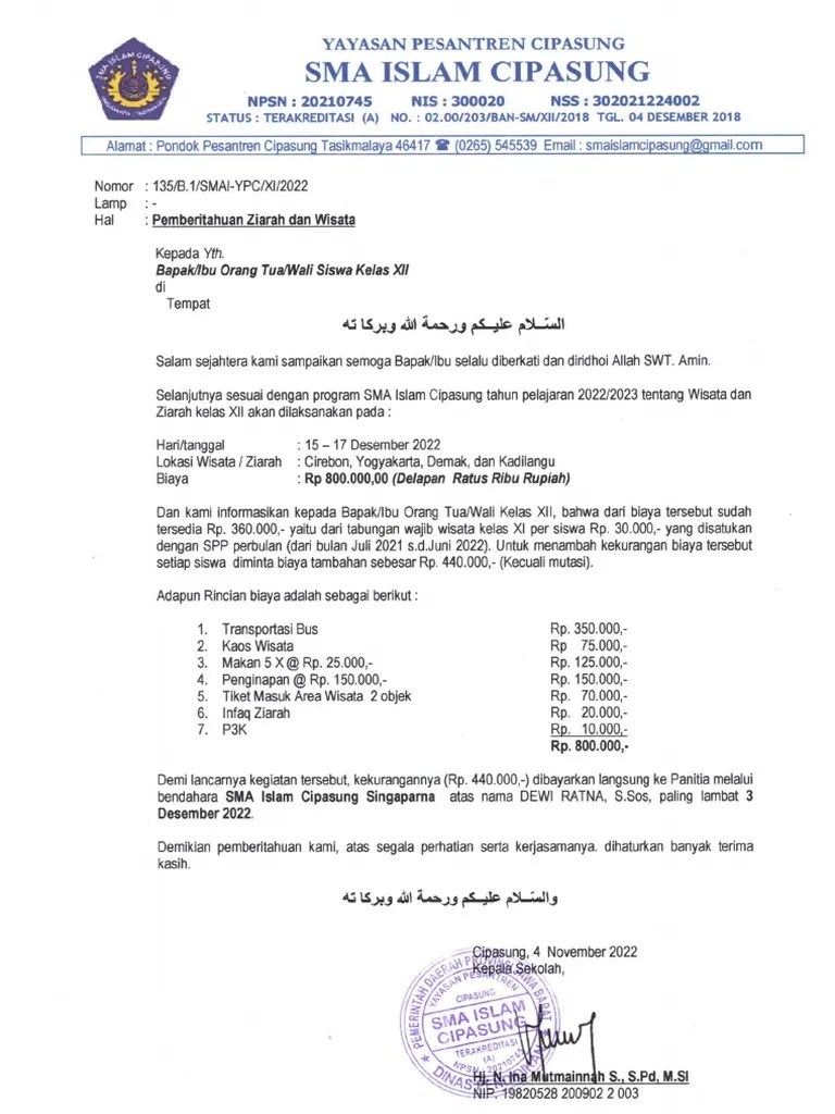 Surat Pemberitahuan Ziarah Wisata 2022 | PDF
