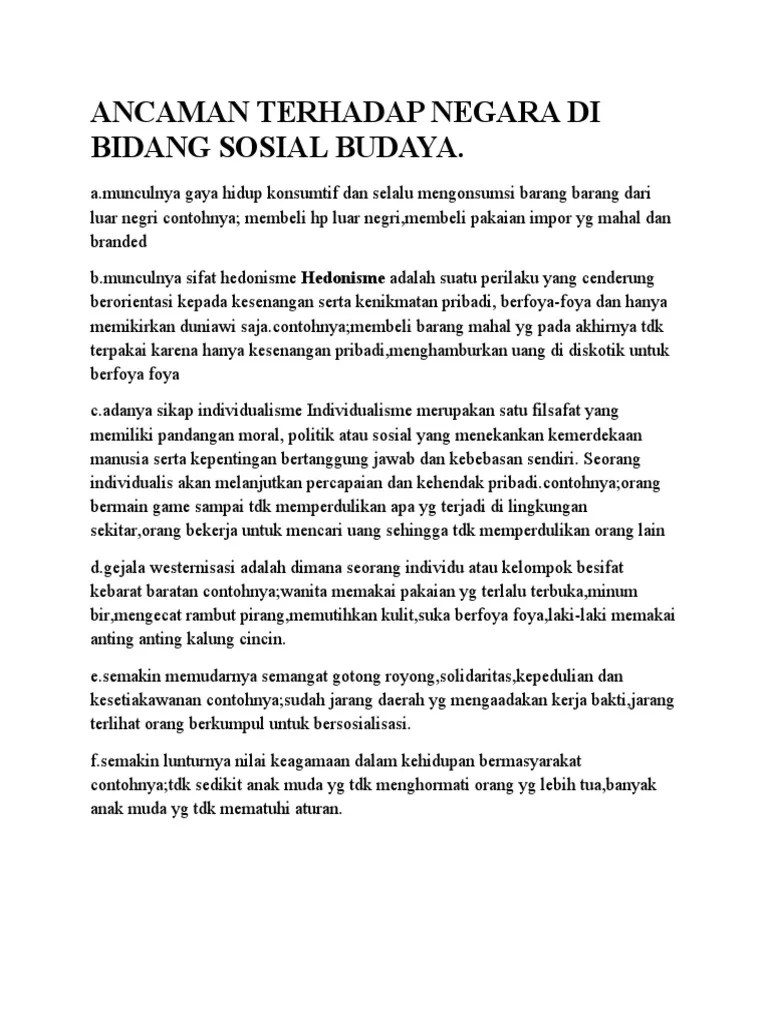 Ancaman Terhadap Negara Di Bidang Sosial Budaya | PDF