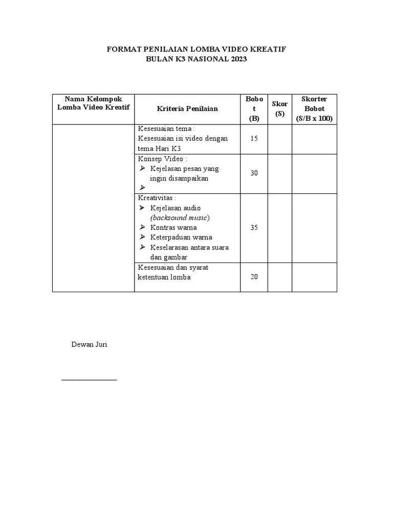 Kriteria Penilaian Lomba Video Kreatif Bulan K3 Nasional 2023 | PDF