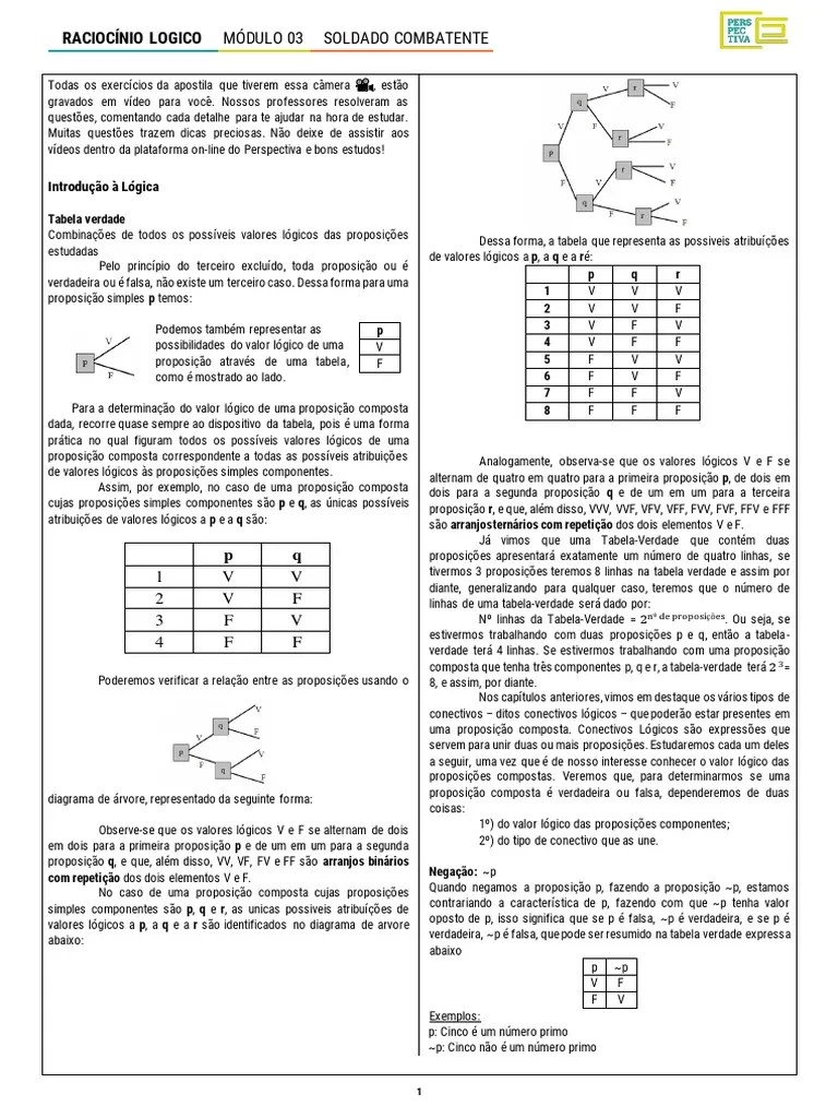 Combatente - Raciocínio Lógico - Módulo 03 - Operações Lógicas | PDF ...