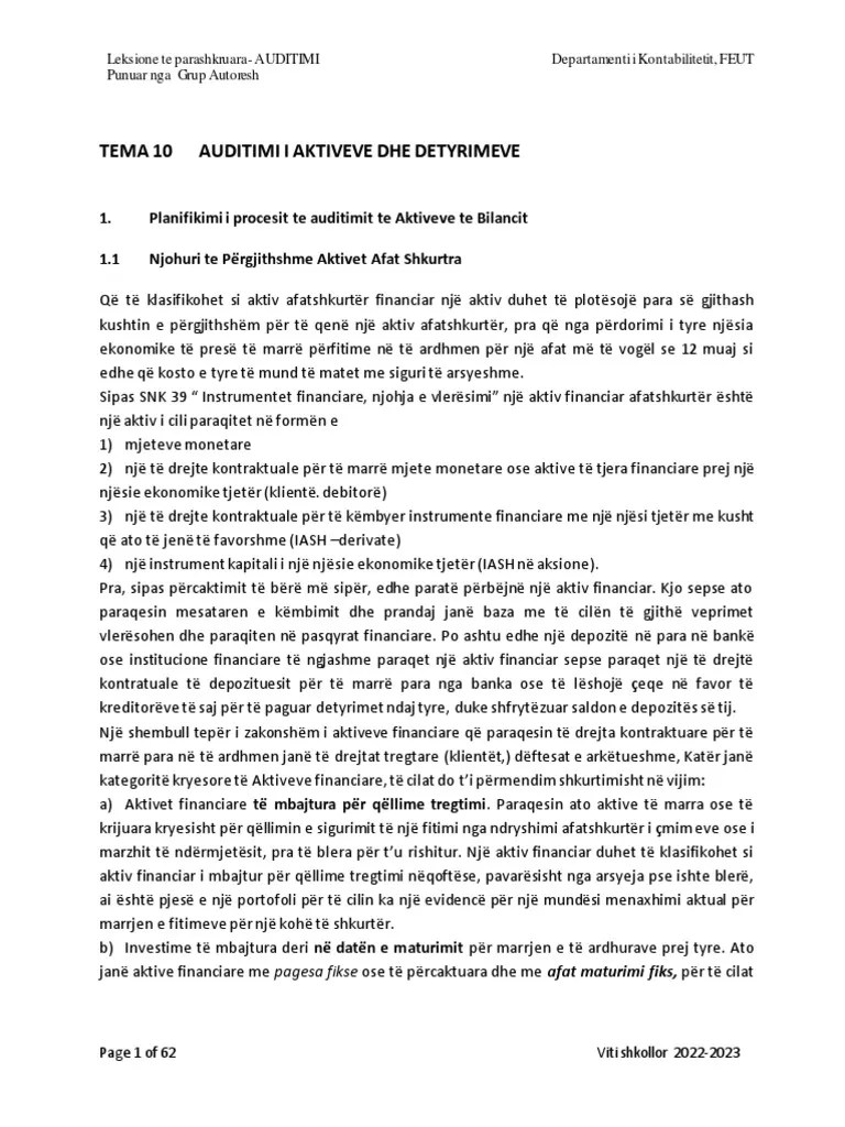 TEMA 10, 11, 12 Auditimi I Aktiveve, Detyrimeve, Blerjeve Dhe Shitjeve | PDF