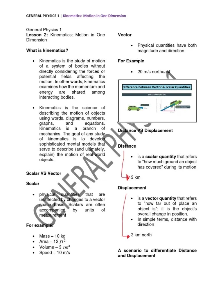 General Physics 1 Lecture Notes Kinematics Motion In One Dimension ...
