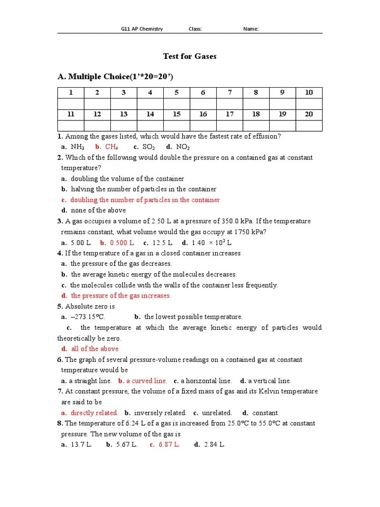 Test For Gases答案 | PDF | Gases | Mole (Unit)