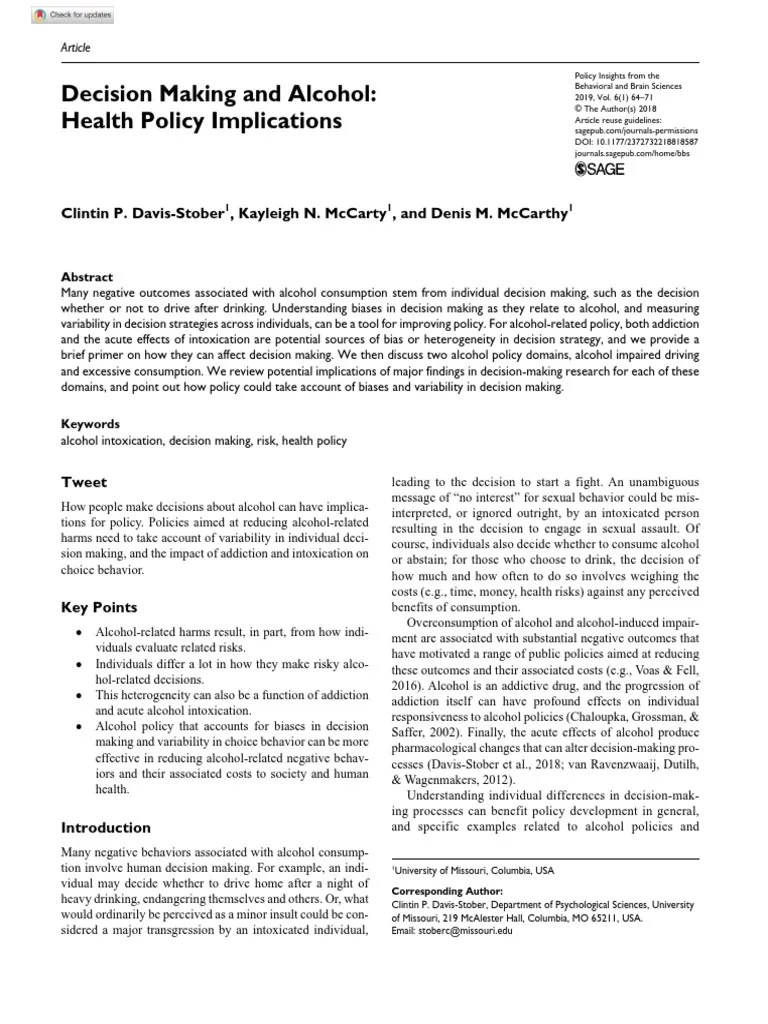 Decision Making And Alcohol Health Policy Implications, Clintin, P. Davis-Stober.2019 | PDF ...