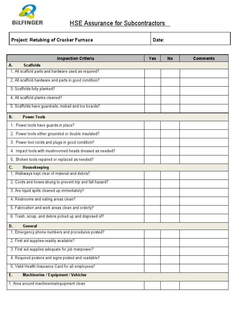 HSE Assurance Checklist | PDF | Personal Protective Equipment | Occupational Safety And Health