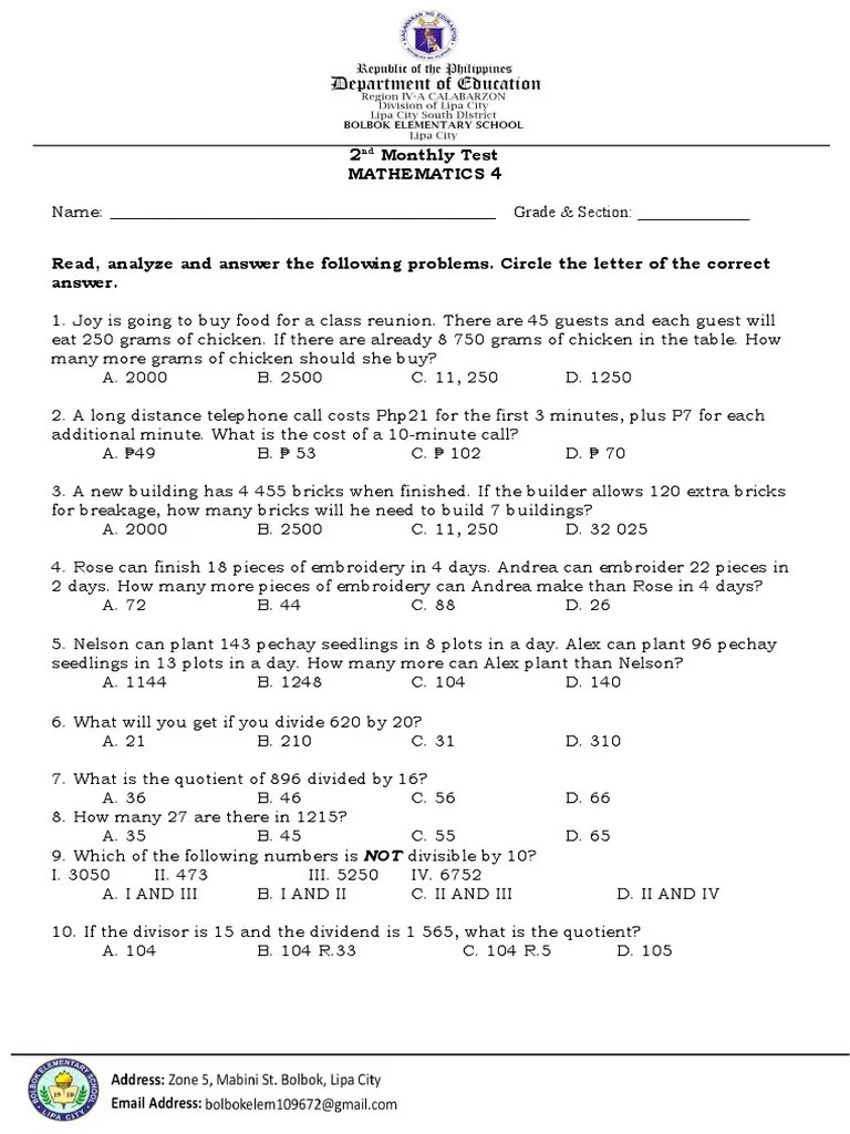 SUMMATIVE-TEST-IN-MATHEMATICS Mod5-8 | PDF | Division (Mathematics ...