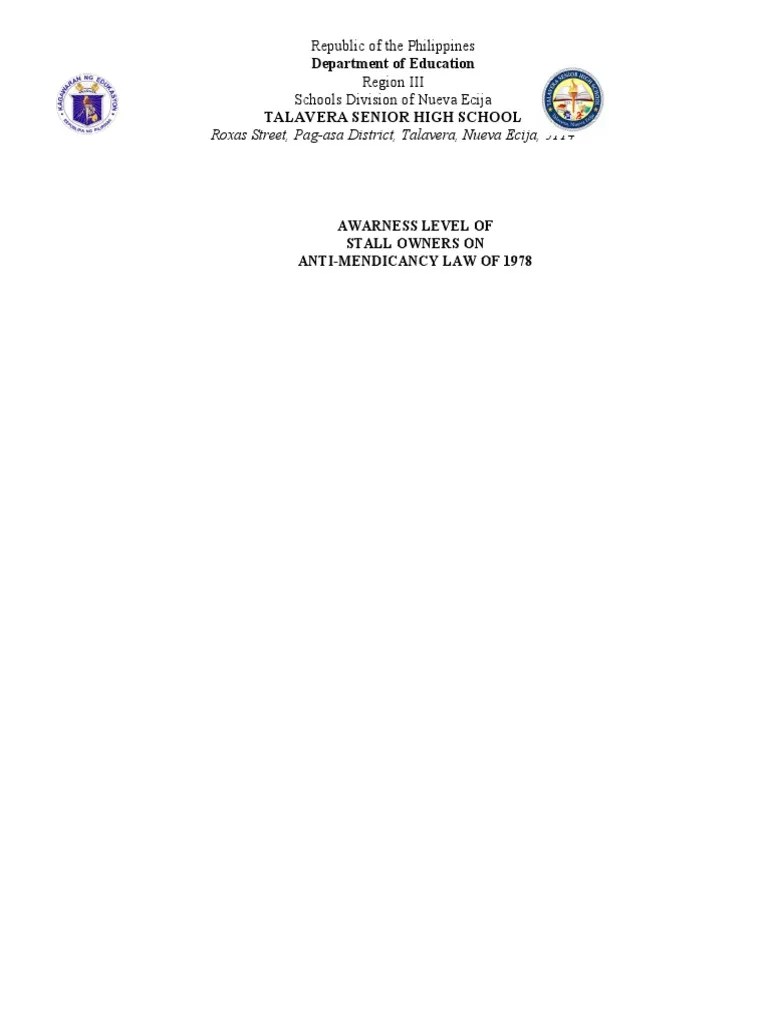 Awareness Level Of Stall Owners On Anti Mendecancy Law Of 1978 | PDF | Mean | Sampling (Statistics)
