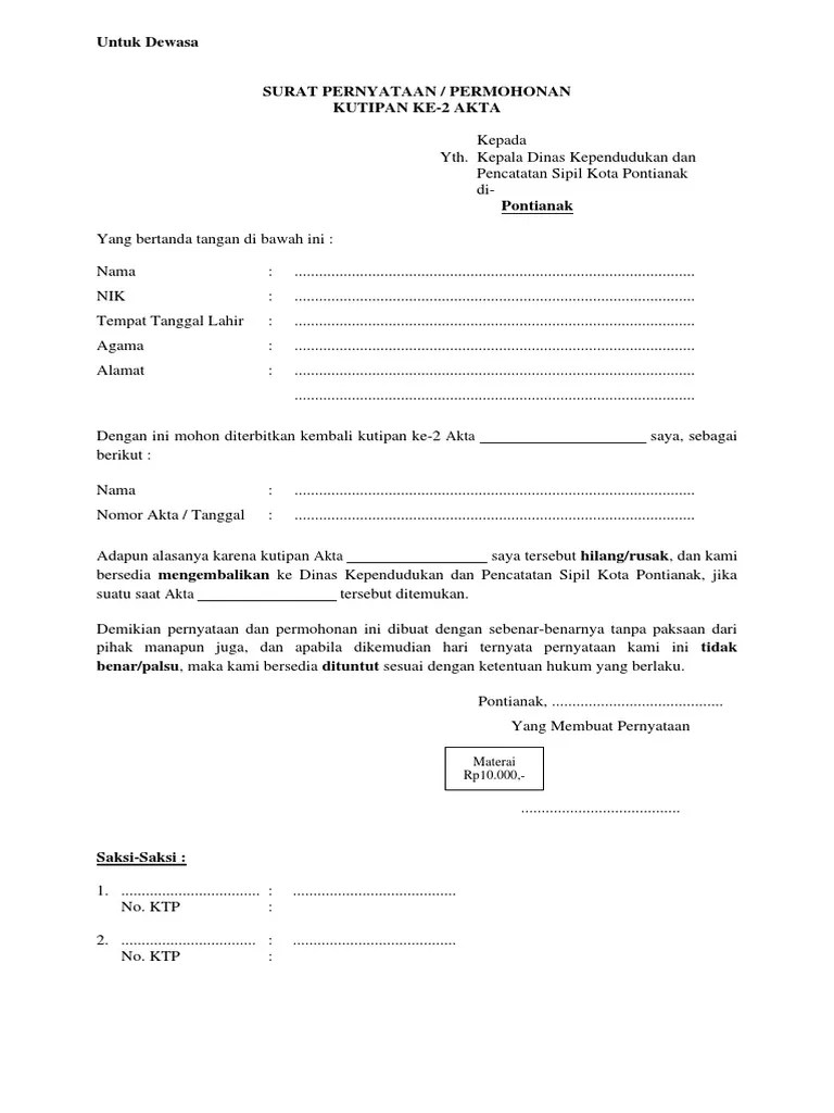 Disdukcapil Kota Pontianak 1820573827 Surat Permohonan Kutipan Kedua Akta Karena Hilang - Rusak ...